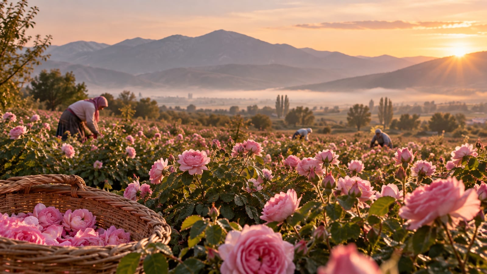 Gün doğumunda Rosa Damascena güllerinin yer aldığı gül bahçesi